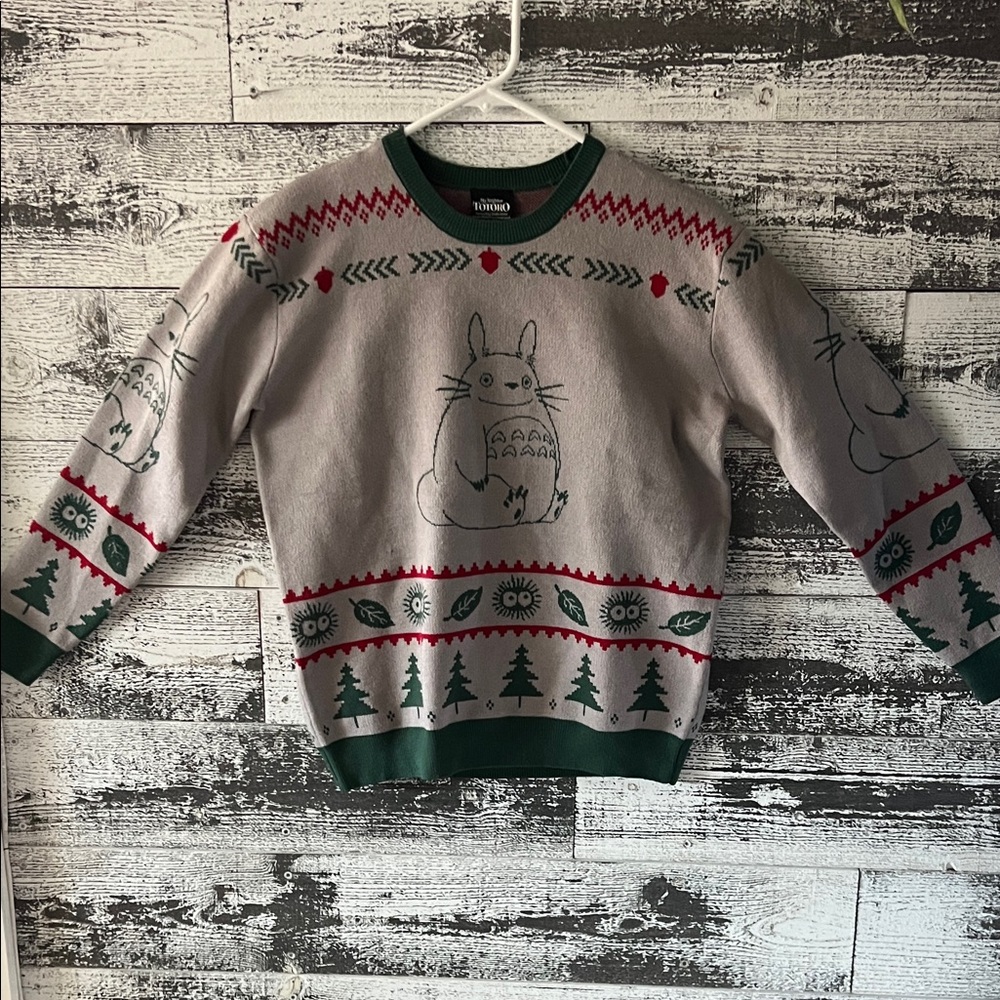 NWT Totoro Crewneck Sweater - Green & Light Gray with Red Accents